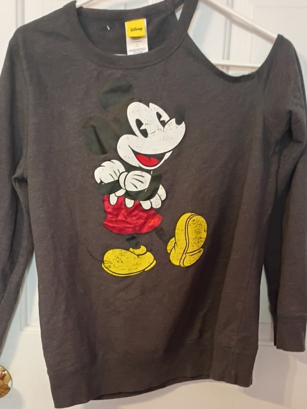 Disney Gray Long Sleeve Mickey Mouse Graphic Tee with Red and Yellow Accents